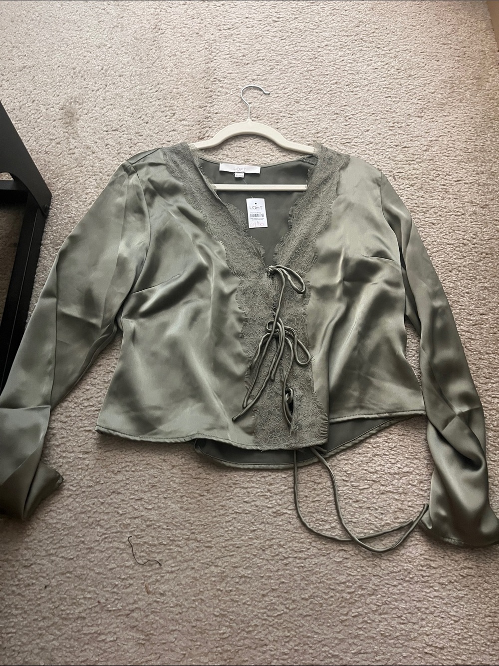 Loft  Sage Satin Lace-Trim Tie-Front Blouse